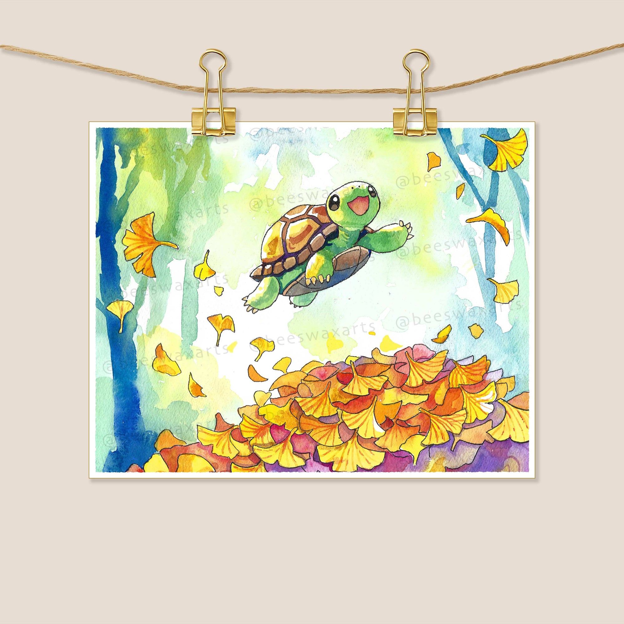 Turtle Jumping into Ginkgo Leaves